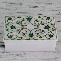 Marble inlay jewelry box, 'Mughal Ivy' - Handcrafted Marble Inlay Jewelry Box