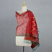 Silk shawl, 'Scarlet Fantasy' - Red and Green Silk Shawl Wrap from India