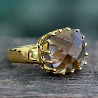 Vermeil smoky quartz single stone ring, 'Spell of Endurance' - Faceted 4 Ct Smoky Quartz and Vermeil Ring from India