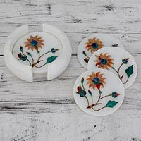 Marble inlay coasters Dahlia Gems set of 6 India