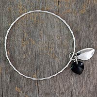 Onyx bangle bracelet, 'Glistening Dew' - Fair Trade Jewelry Sterling Silver Bracelet with Onyx