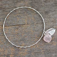Rose quartz bangle bracelet, 'Glistening Dew' - Fair Trade Jewelry Sterling Silver Bracelet with Rose Quartz