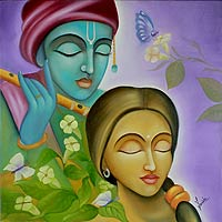 'Radha Krishna I' - Hindu Love Deities Signed Hinduism Painting