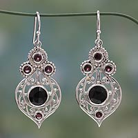 Onyx and garnet dangle earrings, 'Delhi Hope' - Fair Trade Onyx and Garnet Sterling Silver Dangle Earrings