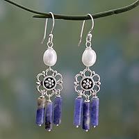 Cultured pearl and sodalite chandelier earrings,