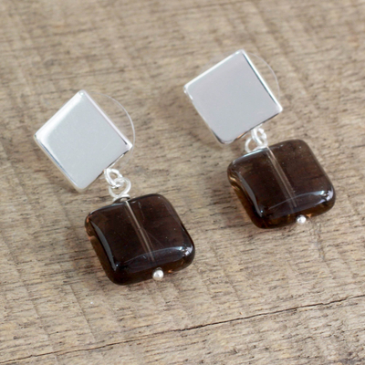 Artisan Crafted Smoky Quartz and Sterling Silver Earrings - Squared