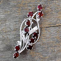 Garnet floral brooch pin, 'Elegant Passion' - Floral Garnet and Sterling Silver Brooch Pin from India