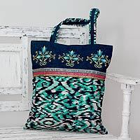 Embroidered cotton tote handbag,