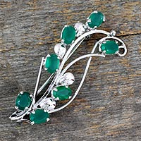 Onyx brooch pin, 'Forest Foliage' - Artisan Crafted Green Onyx and Silver Brooch Pin from India