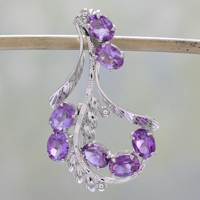 Amethyst floral brooch pin, 'Lavish Lilies' - Indian Sterling Silver Brooch Pin With 7 Amethysts