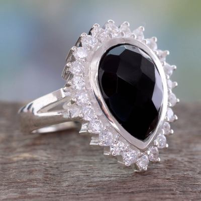 Faceted Onyx and Sterling Silver Cocktail Ring for Women