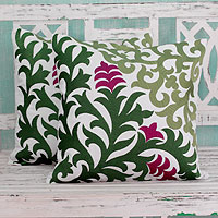 Cotton cushion covers, 'Magenta Blooms' (pair) - Floral Embroidered Cotton Cushion Covers From India (Pair)