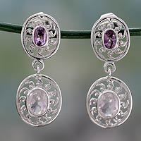 Amethyst and rose quartz dangle earrings,