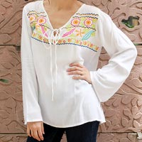 White Viscose Blouse with Colorful Embroidery,'Bright Bouquet'