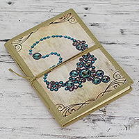 Handmade paper journal, 'Blue Gems' - Handcrafted Paper Journal with Jewel Motif on Cover