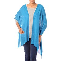 Wool shawl, 'Azure Allure' - Traditionally Hand Loomed Azure Blue Wool Shawl