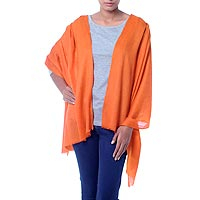 Wool shawl, 'Sunset Glamour' - Artisan Crafted Orange Paisley Jacquard Wool Wrap