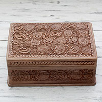 Walnut wood jewelry box, 'Kashmir Grandeur' - Hand-carved Flowers on Walnut Wood Jewelry Box