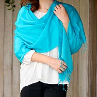 Silk and wool blend shawl Turquoise Impression India