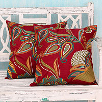Applique cushion covers, 'Paisley Wine' (pair) - 2 Red Handmade Embroidered Applique Cushion Covers
