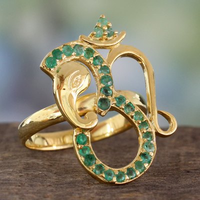 India Handcrafted Gold Vermeil Ganesha Ring with Emeralds