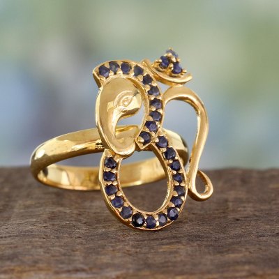 India Handcrafted Gold Vermeil Ganesha Ring with Sapphire