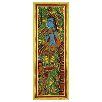 Madhubani painting, 'Song of Love' - Authentic India Madhubani Painting of Krishna and Radha