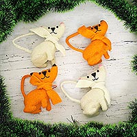 Wool ornaments, 'Crazy Cats' (set of 4) - Set of 4 Handmade Feline Ornaments from India