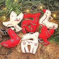 Wool ornaments, 'Christmas Wishes' (set of 6) - White and Red Animal Themed Felt Ornaments (Set of 6)