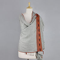 Wool blend shawl, 'Himalaya Mist' - India Handwoven Wool Blend Grey Shawl with Bright Trim