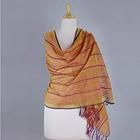 Cotton and silk shawl, 'Maheshwari Glow' - India Handwoven Cotton and Silk Shawl in Yellow and Fuchsia