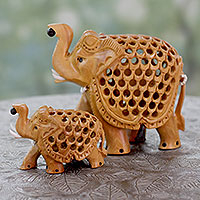 Wood sculptures, 'Elephant Mother and Child' (pair) - Hand Carved Wood Figurine Sculptures from India (pair)