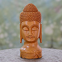 Wood statuette, 'Meditative Buddha' - Vividly Hand Carved Wood Buddha Sculpture from India