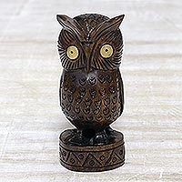 Wood statuette, 'Vigilant Owl' - Antiqued Wood Bird Statuette Carved by Hand in India
