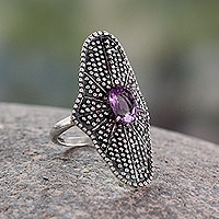 Amethyst cocktail ring, 'Starlight Love Expression' - Bollywood Amethyst and Oxidized Silver Cocktail Ring