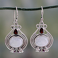 Rainbow moonstone and garnet dangle earrings, 'Mysterious Mist' - Handmade Rainbow Moonstone and Garnet Earrings