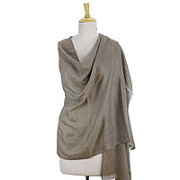 Wool and silk shawl, 'Legendary Brown' - Wool and Silk Blend Shawl Wrap from India