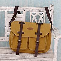 Cotton with leather accents sling bag Intrepid Yellow India