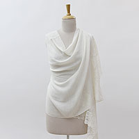 Wool blend shawl, 'Impassioned Kashmir in Cream' - Floral Lace on Cream Wool Blend Shawl Wrap from India