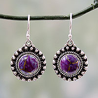 Sterling silver dangle earrings, 'Purple Fire' - Purple Turquoise and Sterling Silver Earrings from India