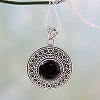Onyx pendant necklace, 'Mumbai Medallion' - Black Onyx on Sterling Silver Pendant Necklace from India