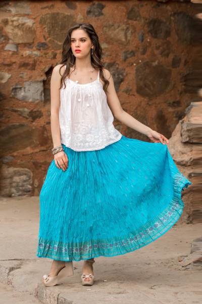 Cotton skirt, 'Royal Turquoise Jaipur' - Crinkled 100% Cotton Skirt with Block Printed Border