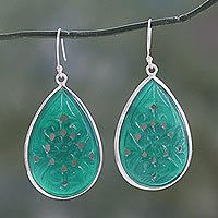 Carved onyx sterling silver flower earrings,