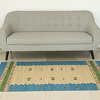 Wool area rug, 'Sky of India' - Blue Border Handwoven Wool Dhurrie Area Rug