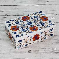 Marble inlay jewelry box, 'Marigolds' - Hand Crafted Flower Theme Marble Inlay Jewelry Box