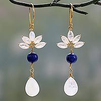 Rainbow moonstone and lapis lazuli dangle earrings,