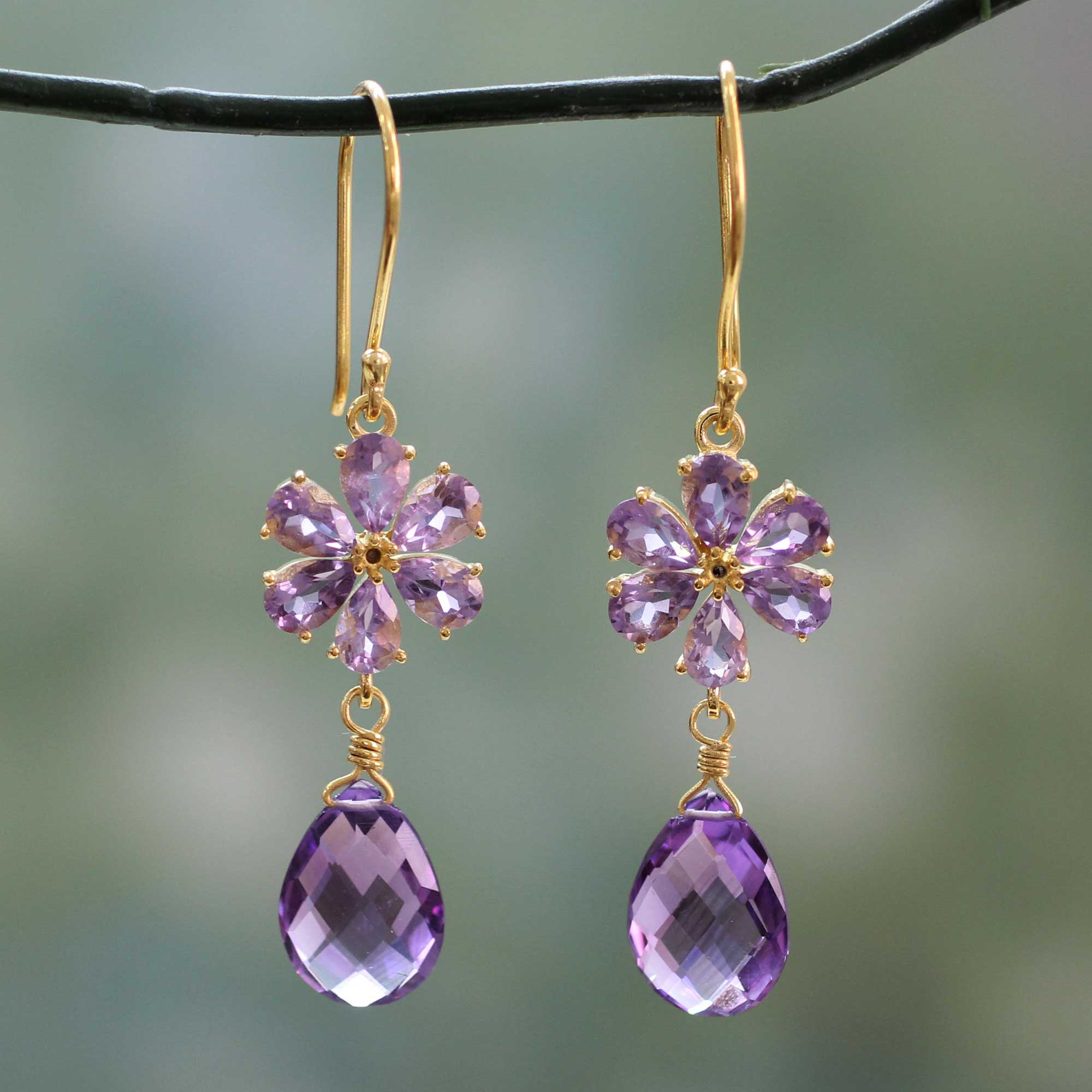 Artisan Floral Amethyst Earrings in Gold Vermeil - Jaipur Allure  NOVICA