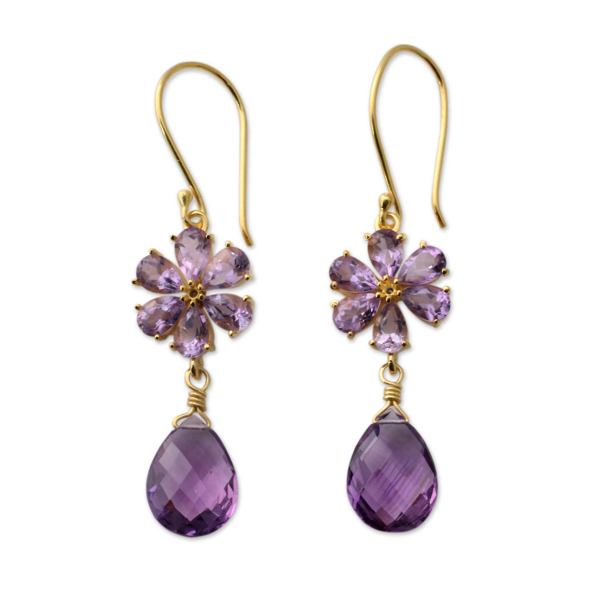 Artisan Floral Amethyst Earrings in Gold Vermeil - Jaipur Allure  NOVICA