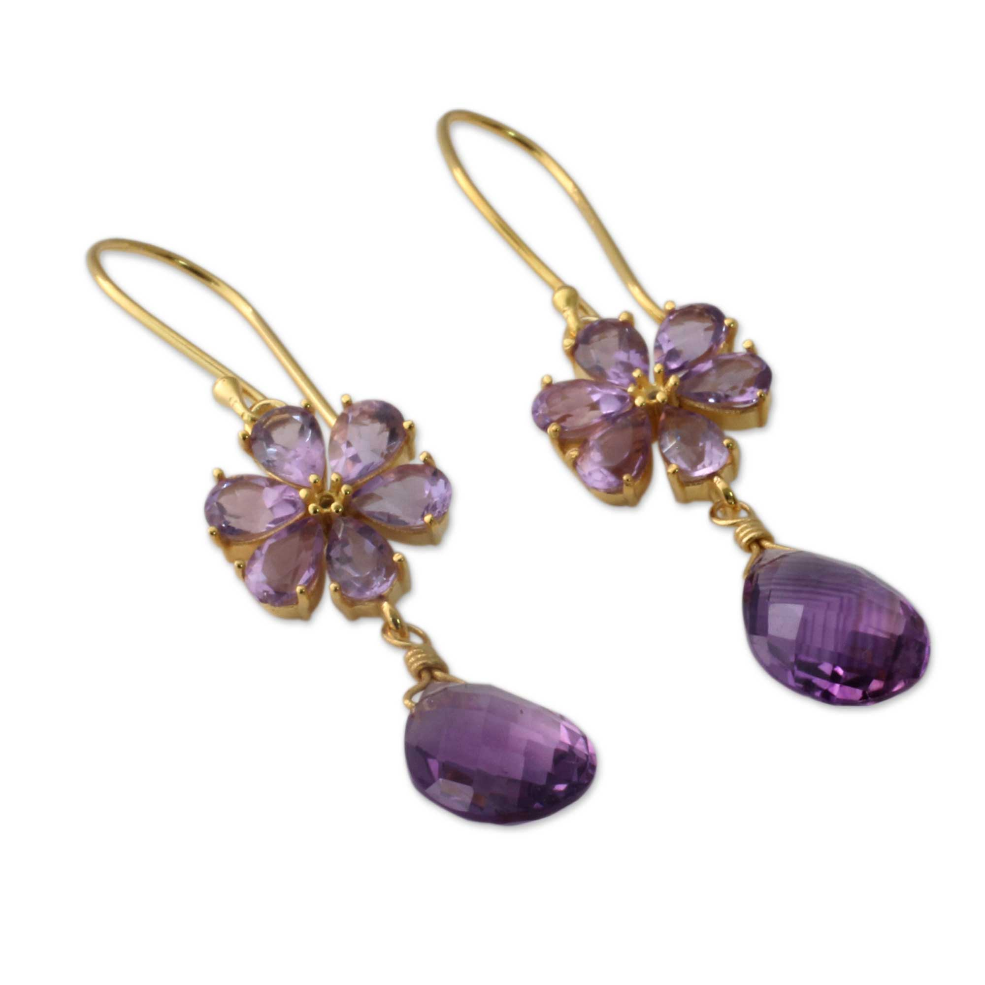 Artisan Floral Amethyst Earrings in Gold Vermeil - Jaipur Allure  NOVICA