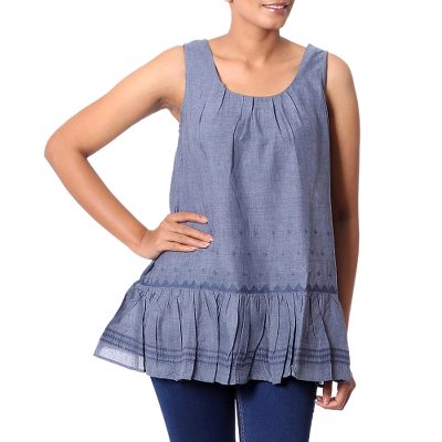 Cotton blend sleeveless blouse, 'Cadet Blue Charm' - Patterned Cotton Blend Blouse in Cadet Blue from India